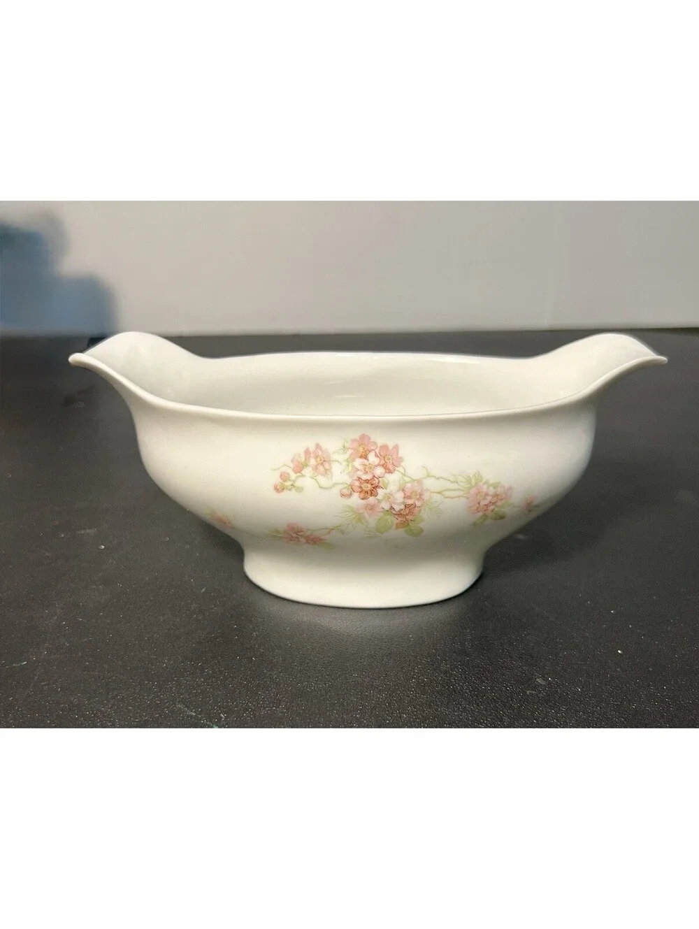 O&EG Royal Austria 1900s Pink Floral Porcelain Gravy Boat, 7.25x3.5x3.5”